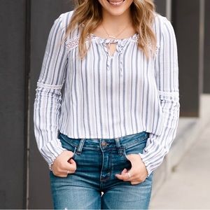 Hollister Boho Blue and White Stripe with Lace on Chest Women’s Top, Size XS